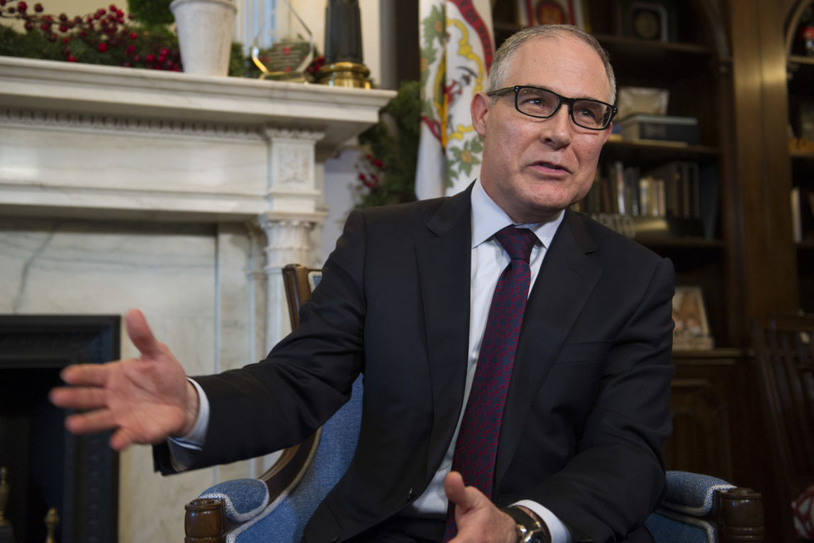 In this Jan. 4, 2017, file photo, Environmental Protection Agency (EPA) Administrator-designate Scott Pruitt answer a reporter's question during his meeting with Sen. Shelley Moore Capitol, R-W.Va., on Capitol Hill in Washington. (AP/Cliff Owen)