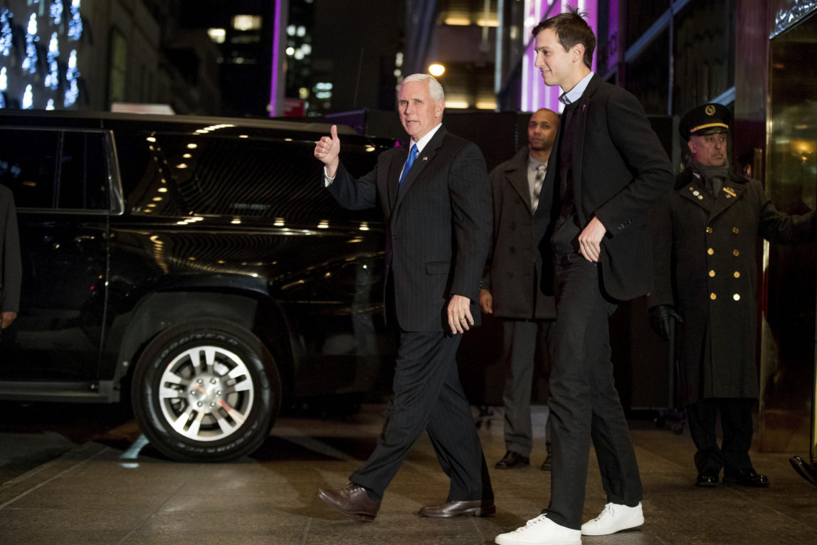 FILE - In this Dec. 7, 2016 file photo, Vice President-elect Mike Pence, left, and Jared Kushner, second from right, depart from Trump Tower, in New York. AP/Andrew Harnik)