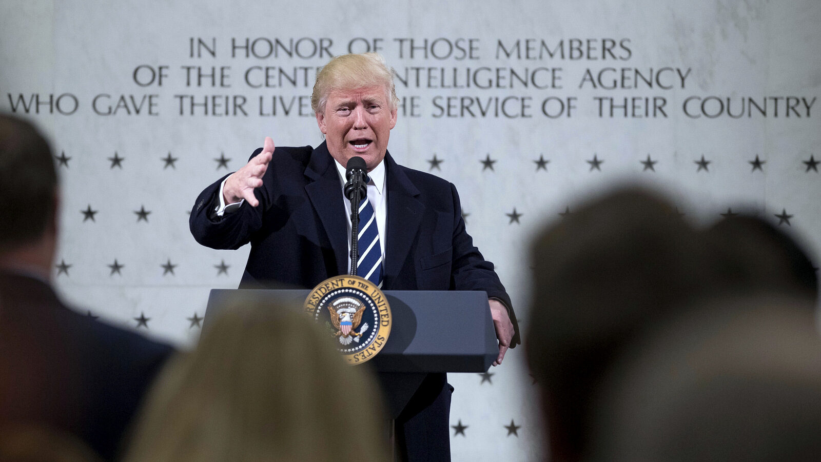In this Jan. 21, 2017, photo, President Donald Trump speaks at the Central Intelligence Agency in Langley, Va. (AP/Andrew Harnik)
