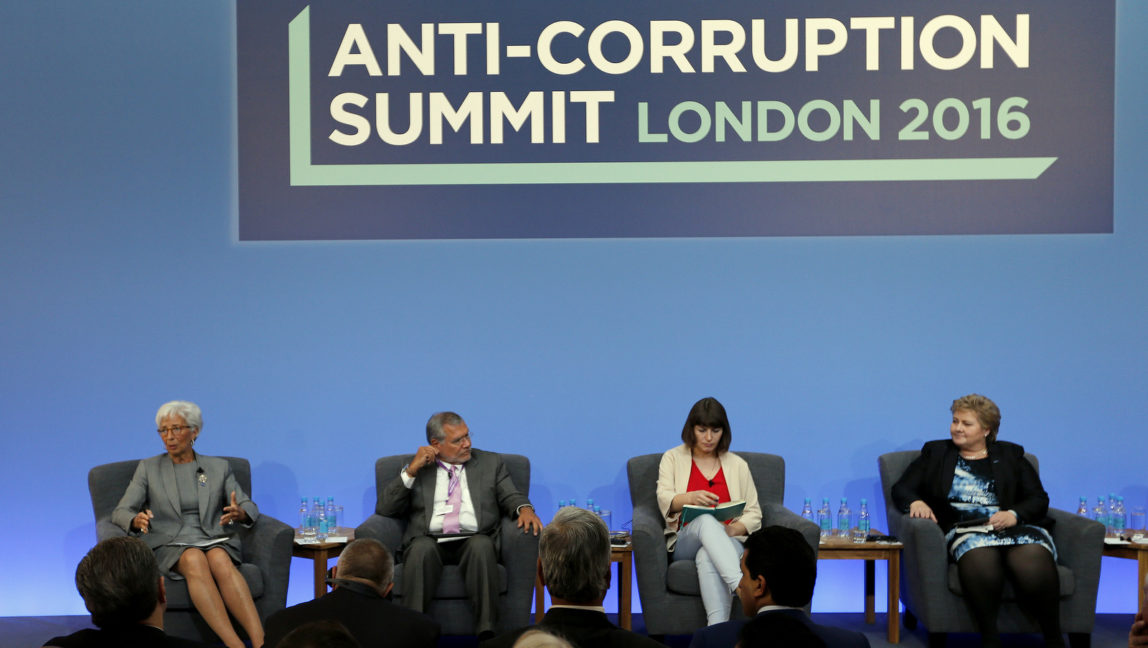 A panel discussion at the Anti-Corruption Summit in London. Watchdog group Transparency International on Wednesday Jan. 25, 2017, is warning that people who turn to populist politicians who promise to change systems and end corruption may only be feeding the problem. (AP/Frank Augstein)