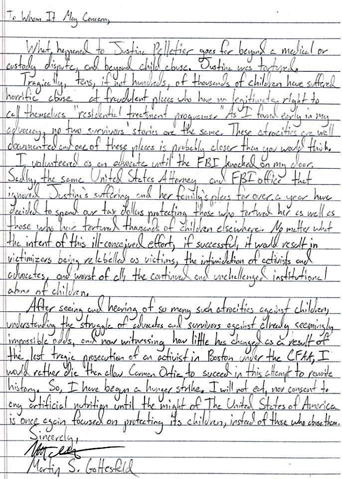 A letter written by Martin Gottesfeld from prison detailing the motivations of his hunger strike.