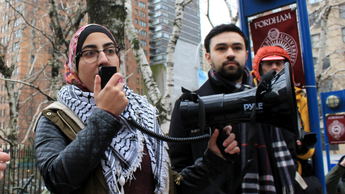 Students and supporters protest Fordham University’s ban on Students for Justice in Palestine, a student group which advocates the rights of Palestinians. (Photo: Joe Catron/MintPress)