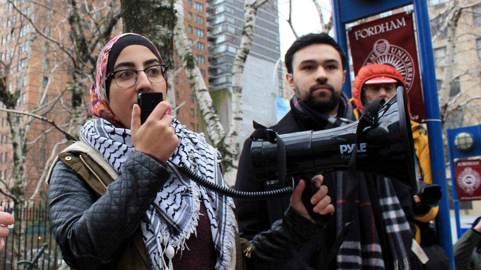 Students and supporters protest Fordham University’s ban on Students for Justice in Palestine, a student group which advocates the rights of Palestinians. (Photo: Joe Catron/MintPress)