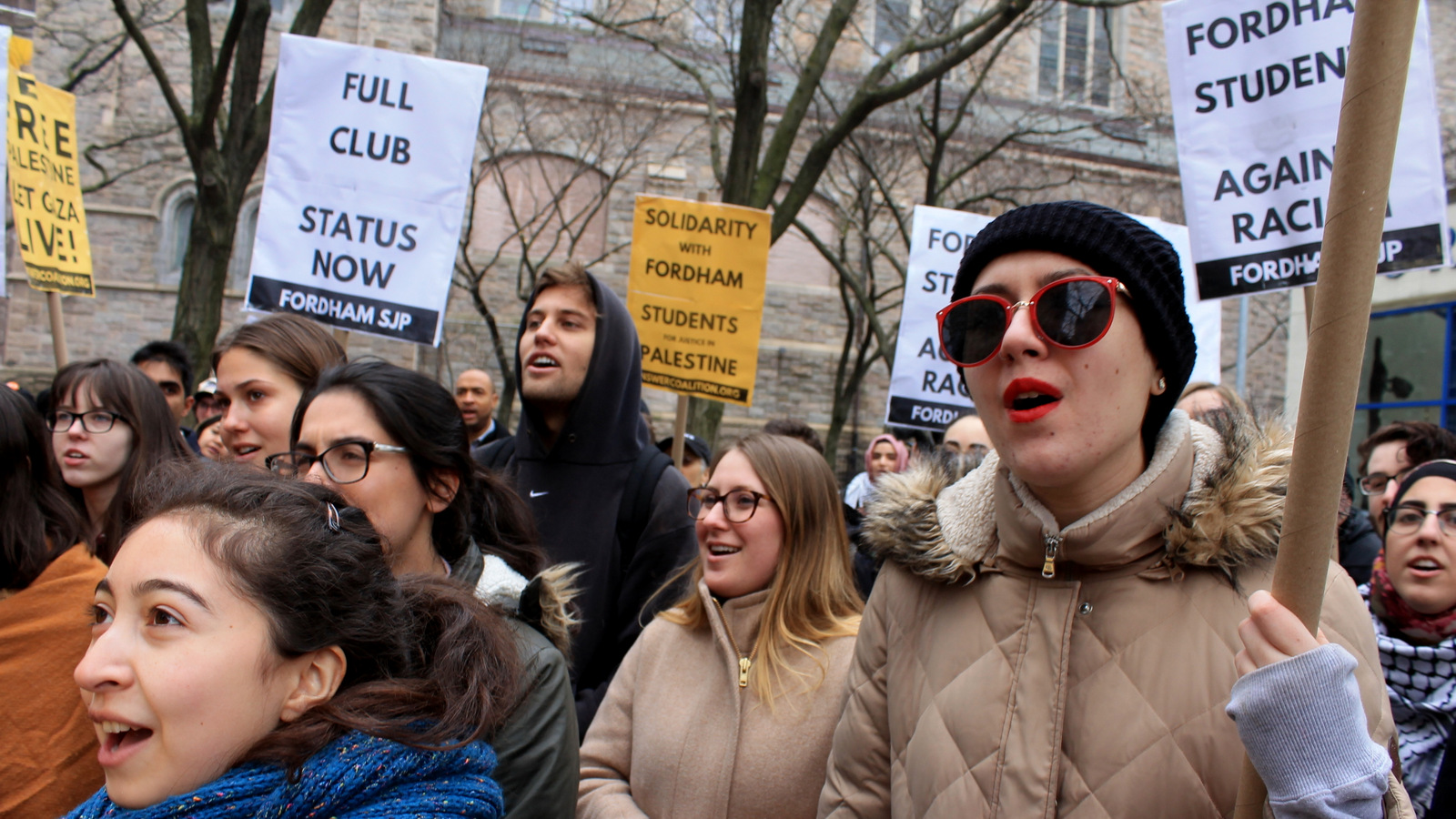 Students and supporters protest Fordham University’s ban on Students for Justice in Palestine, a student group which advocates the rights of Palestinians. (Photo: Joe Catron/MintPress)