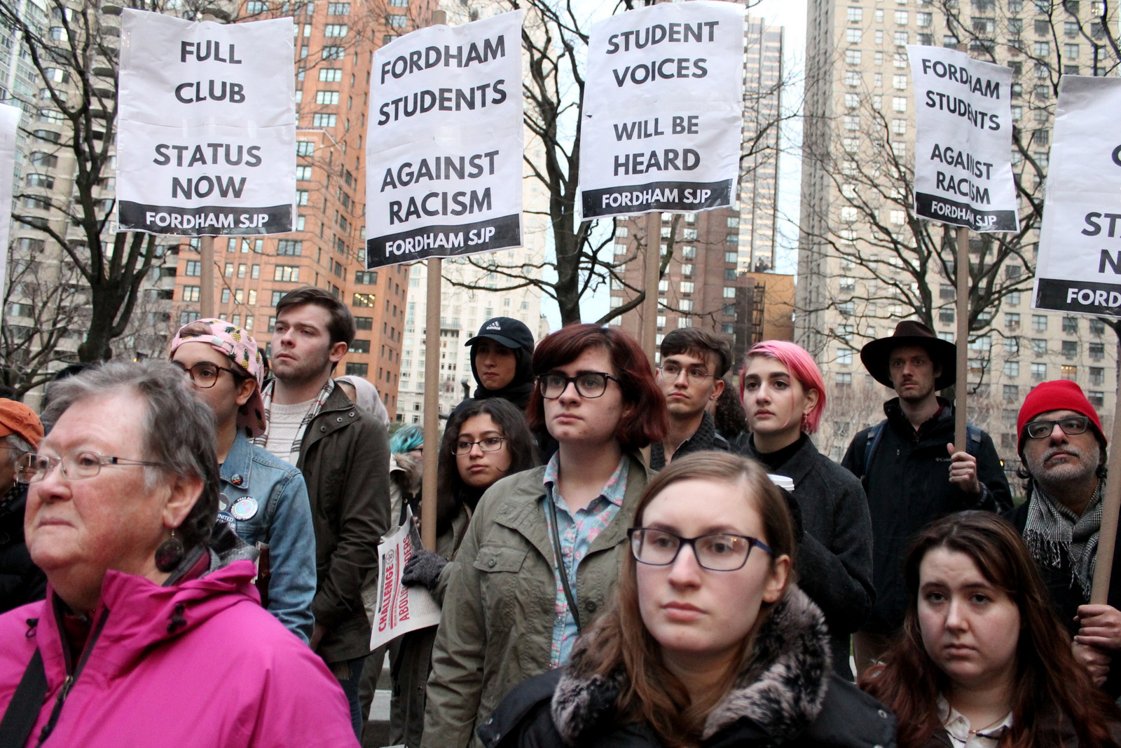 Supporters of Students for Justice in Palestine rallied on the Manhattan campus of Fordham University to protest a ban on the group by the school's administration, as well as a threat of disciplinary action against one of its leaders, Sapphira Lurie, by Fordham Dean of Students Keith Eldredge. (Photo by Joe Catron/flickr/cc)