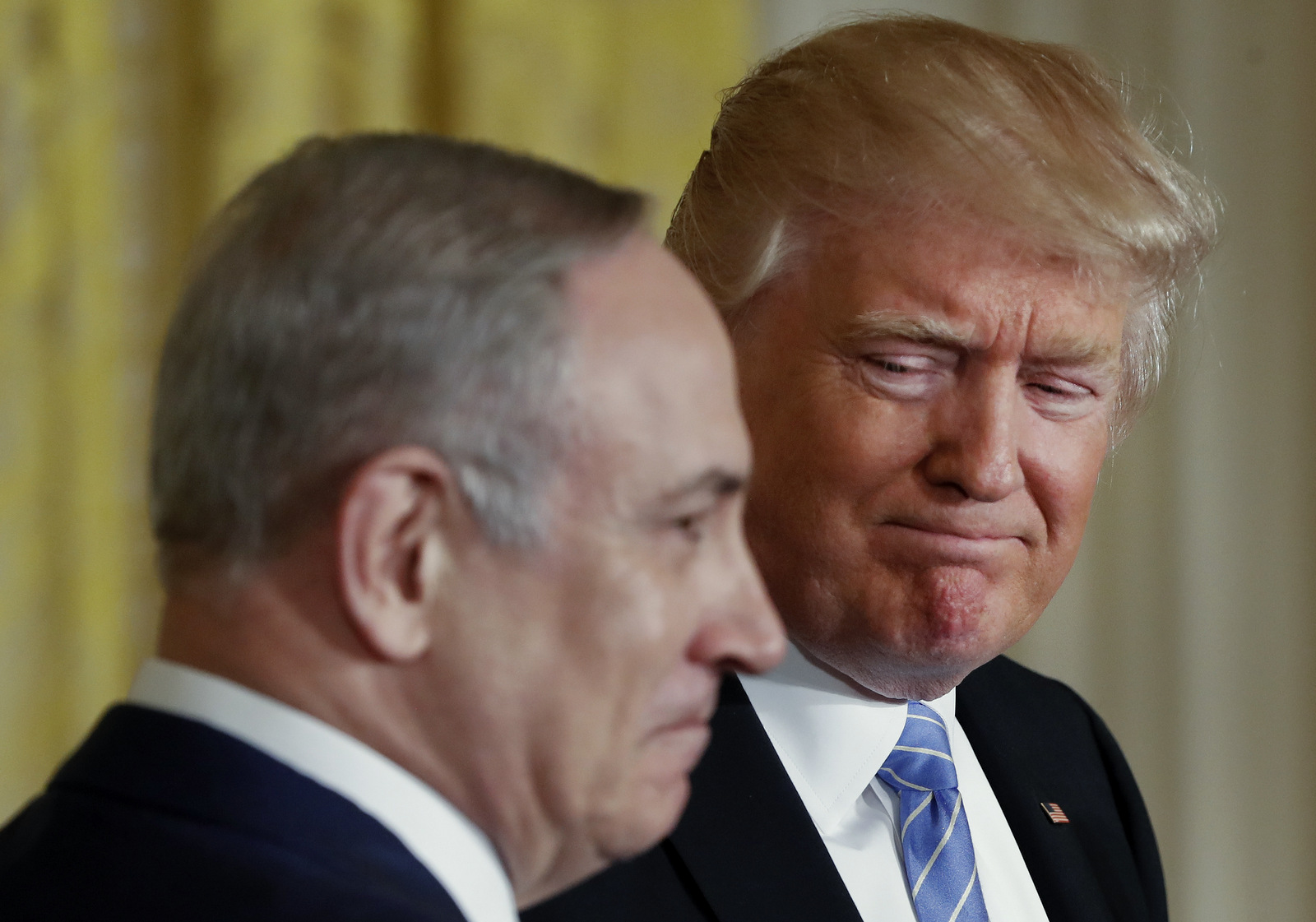 President Donald Trump and Israeli Prime Minister Benjamin Netanyahu participate in a joint news conference in the East Room of the White House in Washington, Wednesday, Feb. 15, 2017. (AP/Pablo Martinez Monsivais)