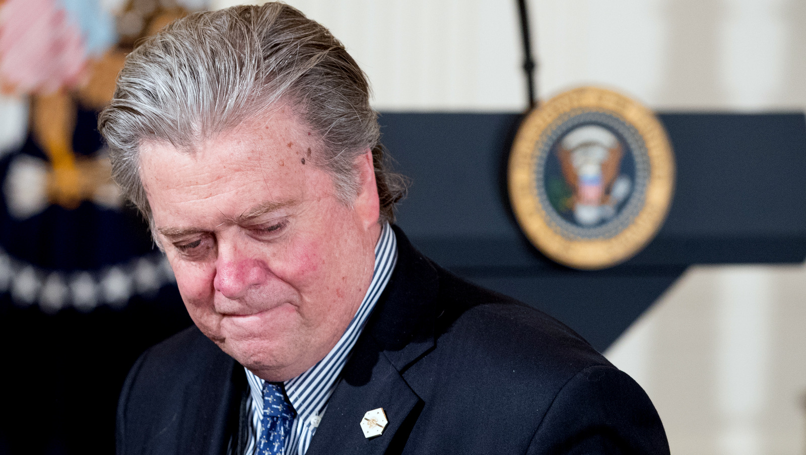 Steve Bannon arrives for a news conference with President Donald Trump, Feb. 16, 2017, in the East Room of the White House. (AP/Andrew Harnik)