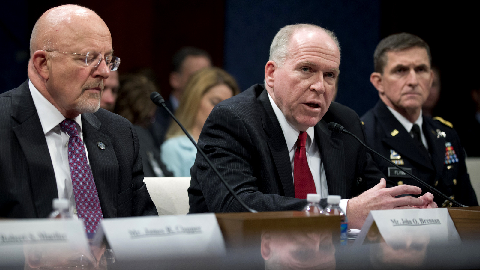 From left, National Intelligence Director James Clapper; CIA Director John Brennan; and Defense Intelligence Agency Director, Department of Defense Lt. Gen. Michael Flynn, testify on Capitol Hill in Washington, Thursday, April 11, 2013, before the House Intelligence Committee hearing on worldwide threats. (AP/Manuel Balce Ceneta)