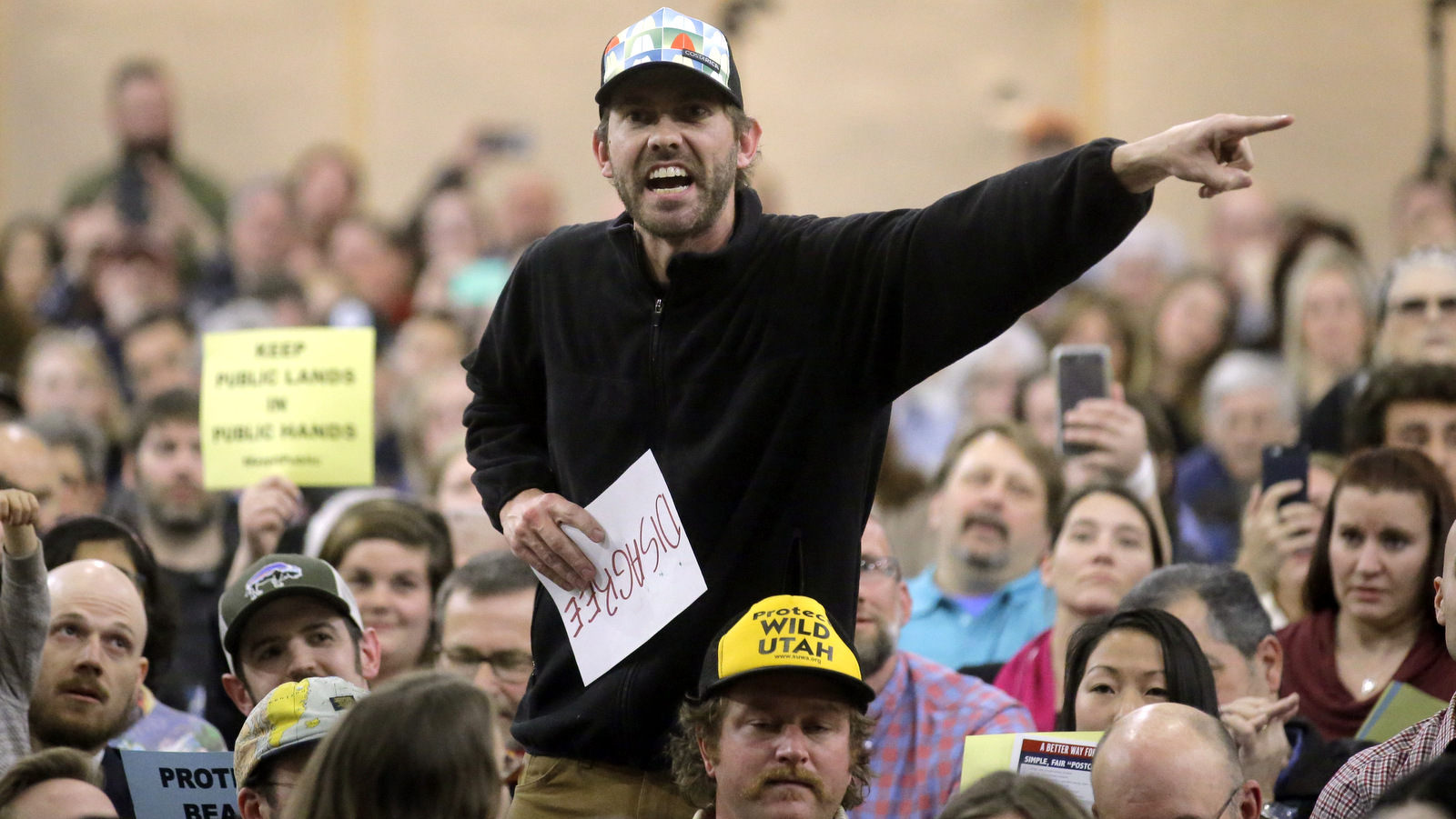 A person shouts to Rep. Jason Chaffetz during his town hall meeting at Brighton High School, Thursday, Feb. 9, 2017, in Cottonwood Heights, Utah. (AP/Rick Bowmer)