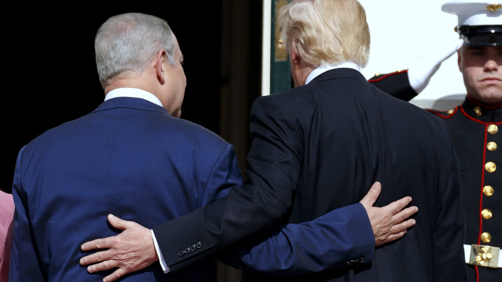 President Donald Trump escorts Israeli Prime Minister Benjamin Netanyahu into the White House in Washington, Wednesday, Feb. 15, 2017. (AP/Evan Vucci)