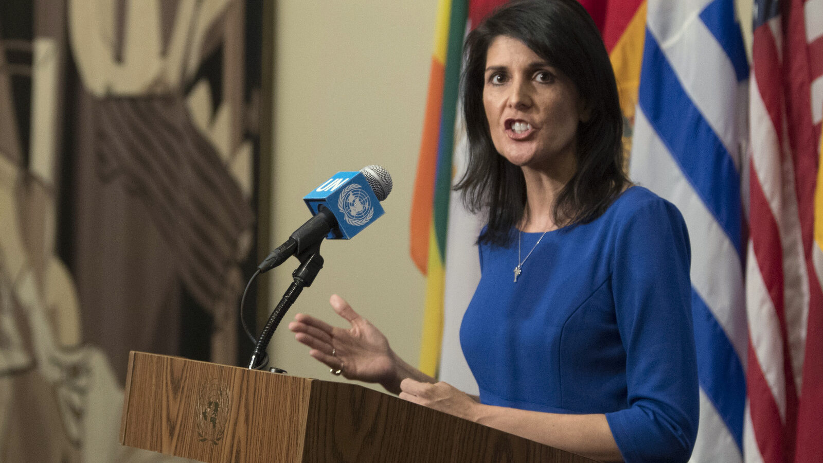 United States Ambassador to the United Nations Nikki Haley speaks to reporters after a Security Council meeting on the situation in the Middle East, Thursday, Feb. 16, 2017 at U.N. headquarters. (AP/Mary Altaffer)