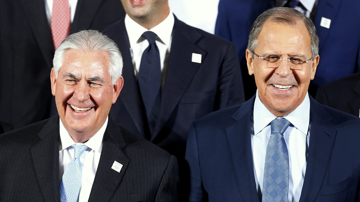 The Russian foreign minister Sergey Lavrov, right, and US Secretary of State Rex Tillerson stand together during the G-20 Foreign Ministers meeting in Bonn, Germany, Thursday, Feb. 16, 2017. (AP/Michael Probst)