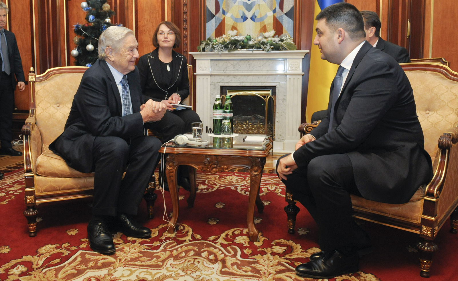 George Soros, left, chairman of Soros Fund Management and founder of The Open Society Institute, speak with Volodymyr Groysman, Ukrainian parliament speaker in Kiev, Ukraine, Monday, Jan. 12, 2015. (AP/Anastasiia Sirotkina)