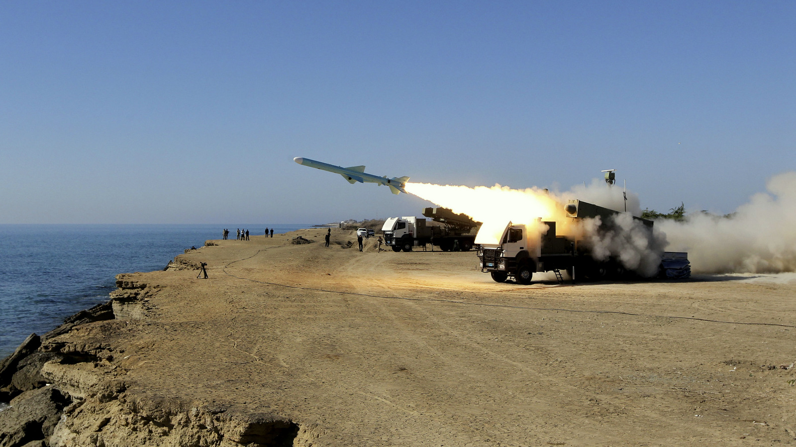 A Ghader test missile is launched from the area near the Iranian port of Jask port on the shore of the Oman Sea during an Iranian navy drill, Tuesday, Jan. 1, 2013. (AP/Jamejam Online, Azin Haghighi)