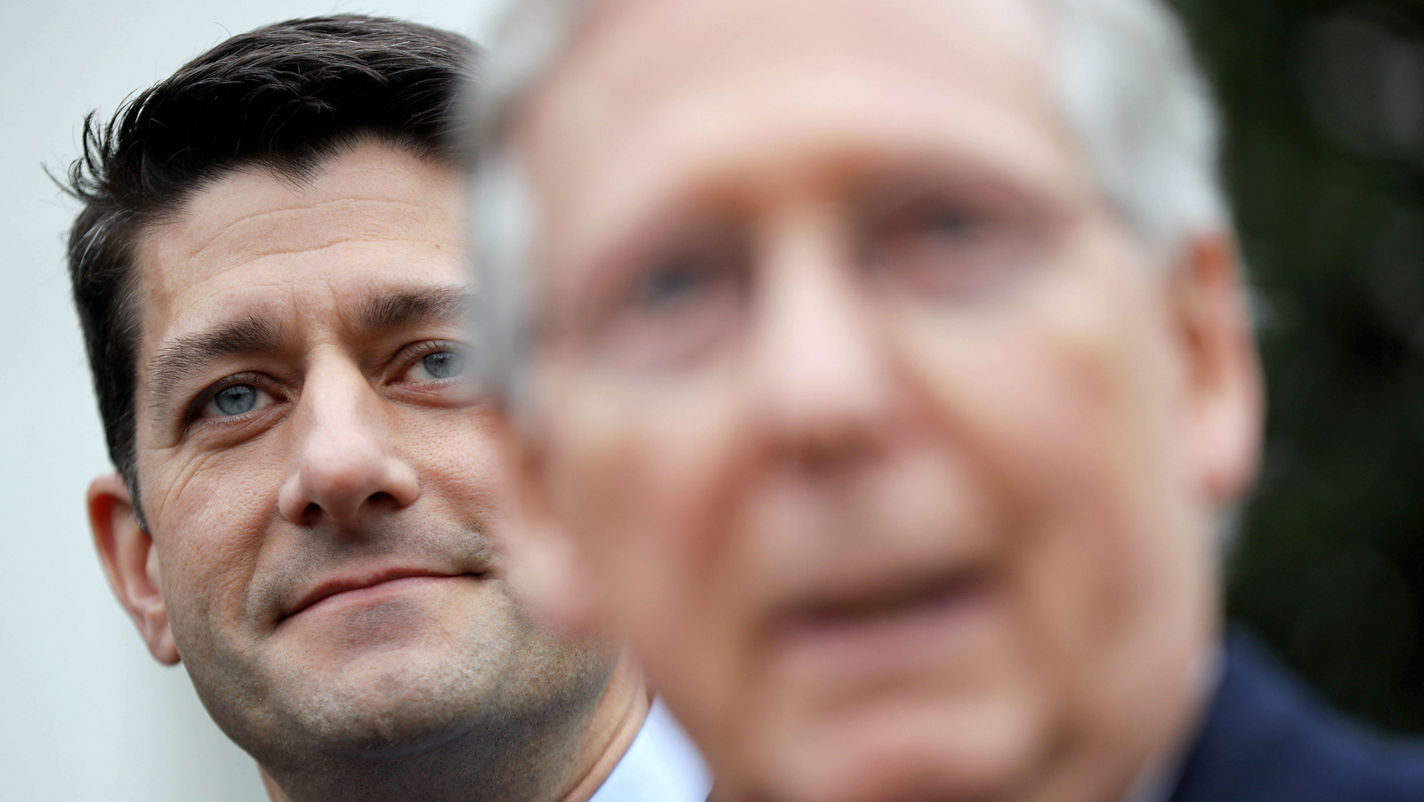 House Speaker Paul Ryan of Wis. listens at left as Senate Majority Leader Mitch McConnell of Ky. speaks to reporters outside the White House in Washington, Monday, Feb. 27, 2017, following their meeting with Donald Trump. (AP/Pablo Martinez Monsivais)