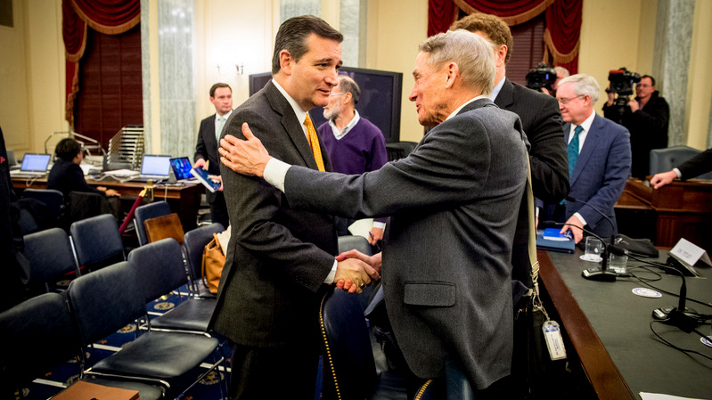 Senator Ted Cruz greets Professor William Happer at a senate committee hearing during the 2015 Paris climate talks. (Photo: Ken Cedeno)