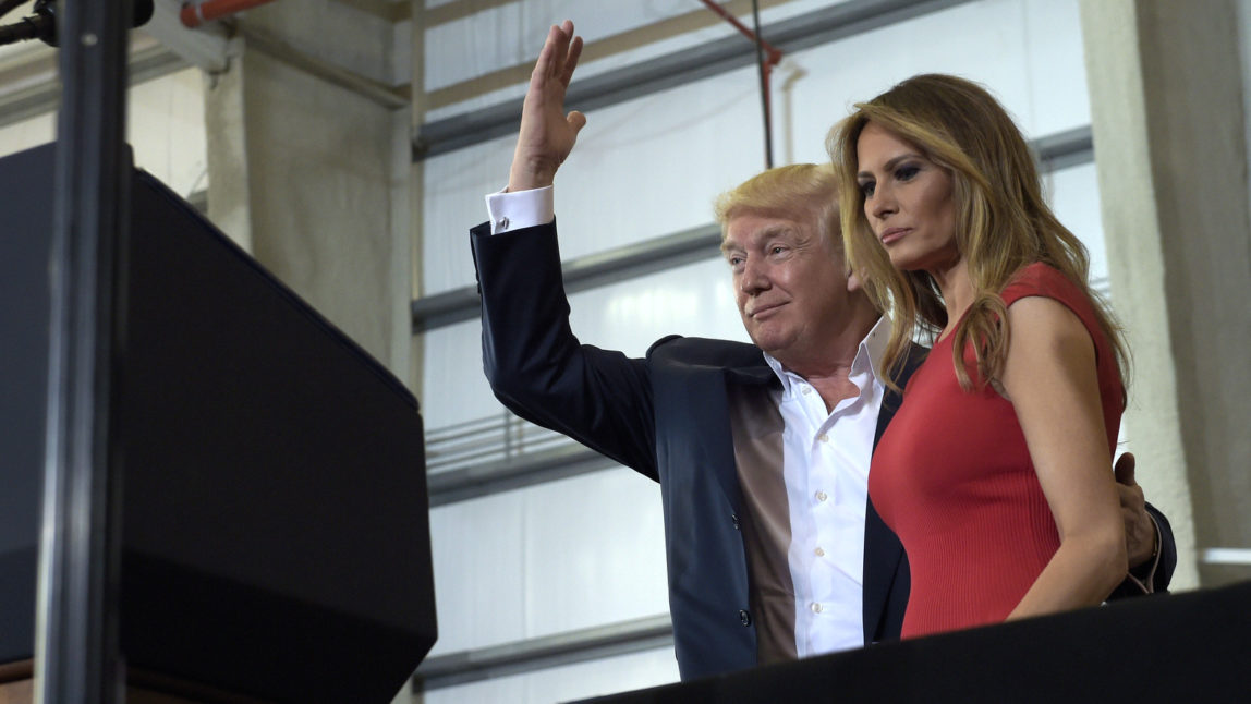 President Donald Trump and first lady Melania Trump arrive to speak at his "Make America Great Again Rally" at Orlando-Melbourne International Airport in Melbourne, Fla., Saturday, Feb. 18, 2017. (AP/Susan Walsh)