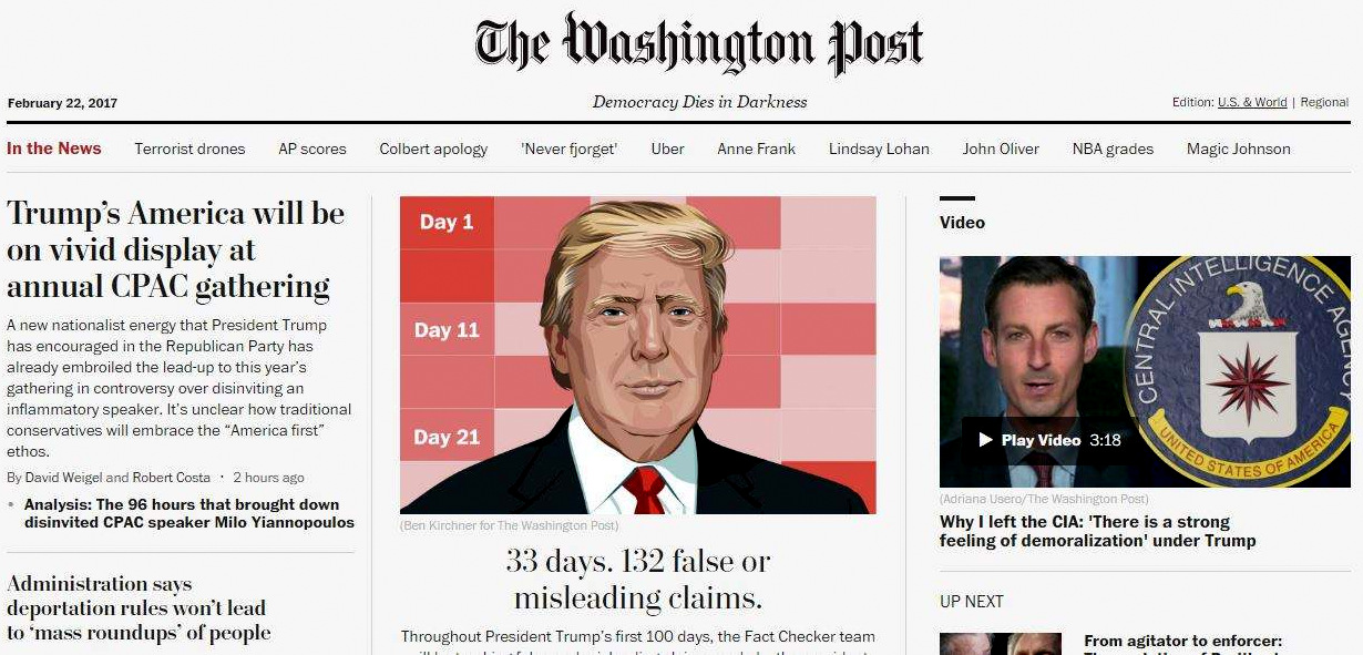 The Washington Post's front page displaying it's new motto: "Democracy dies in darkness."
