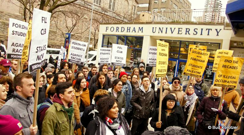 Students protest against Fordham University's decision to block Students for Justice in Palestine from registering as an on-campus student group.