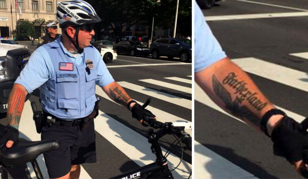 Facebook user Evan Parish Matthews posted this photo depicting a Philadelphia Police Officer Ian Hans Lichtermann sporting a Nazi-inspired tattoo.