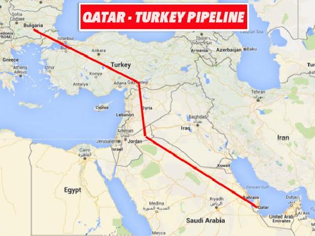 The proposed gas pipeline from Qatar via Saudi Arabia, Jordan, Syria and Turkey to Europe.Source:Supplied