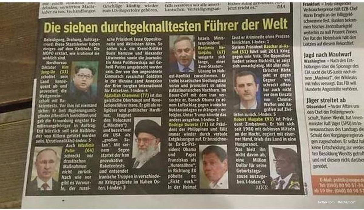 Extract from the Hamburger Morgenpost , the German newspaper which had included Netanyahu in a list of “The Seven Craziest Leaders in the World”