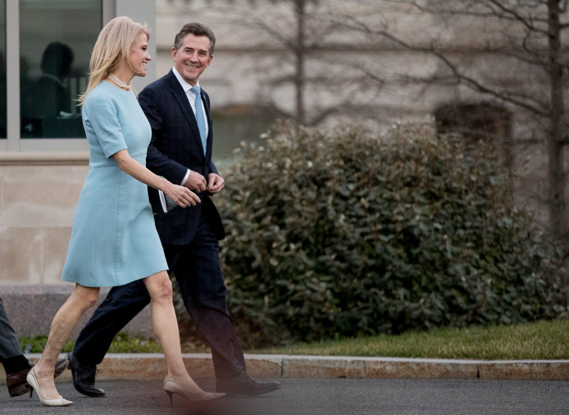 Counselor to the President Kellyanne Conway, right, and Former Sen. Jim DeMint of the Heritage Foundation, left, walk away from the West Wing of the White House, Wednesday, March 8, 2017, in Washington. (AP/Andrew Harnik)