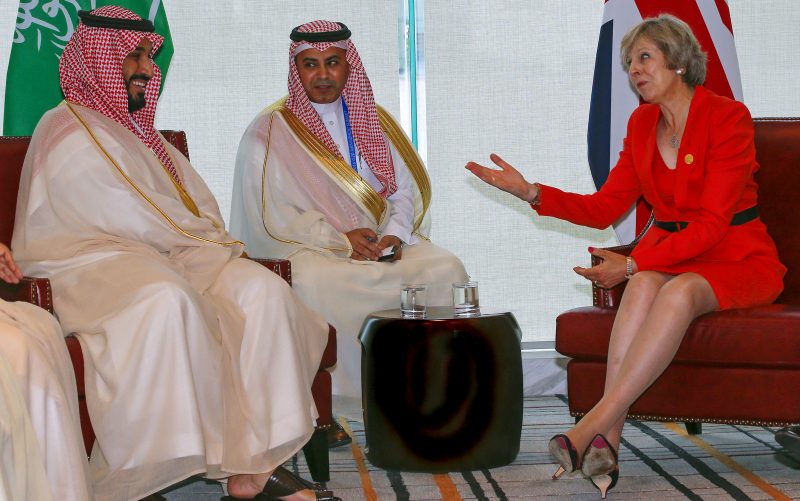 Britain's Prime Minister Theresa May, right, and Saudi Arabia's Deputy Crown Prince Mohammed bin Salman, left, hold a bilateral meeting before the start of the G20 summit, in Hangzhou, Zhejiang Province, China, Sunday, Sept. 4, 2016. (Narendra Shrestha/AP)