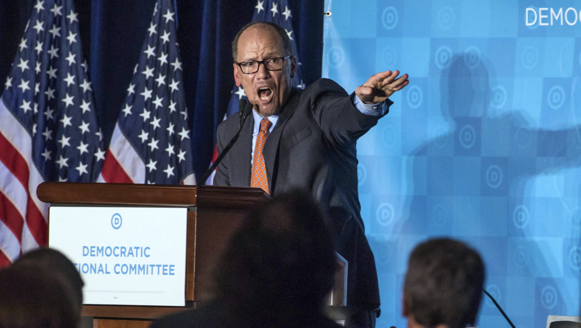 Tom Perez gives a victory speech during the general session of the DNC winter meeting in Atlanta, Feb. 25, 2017. (AP/Branden Camp)