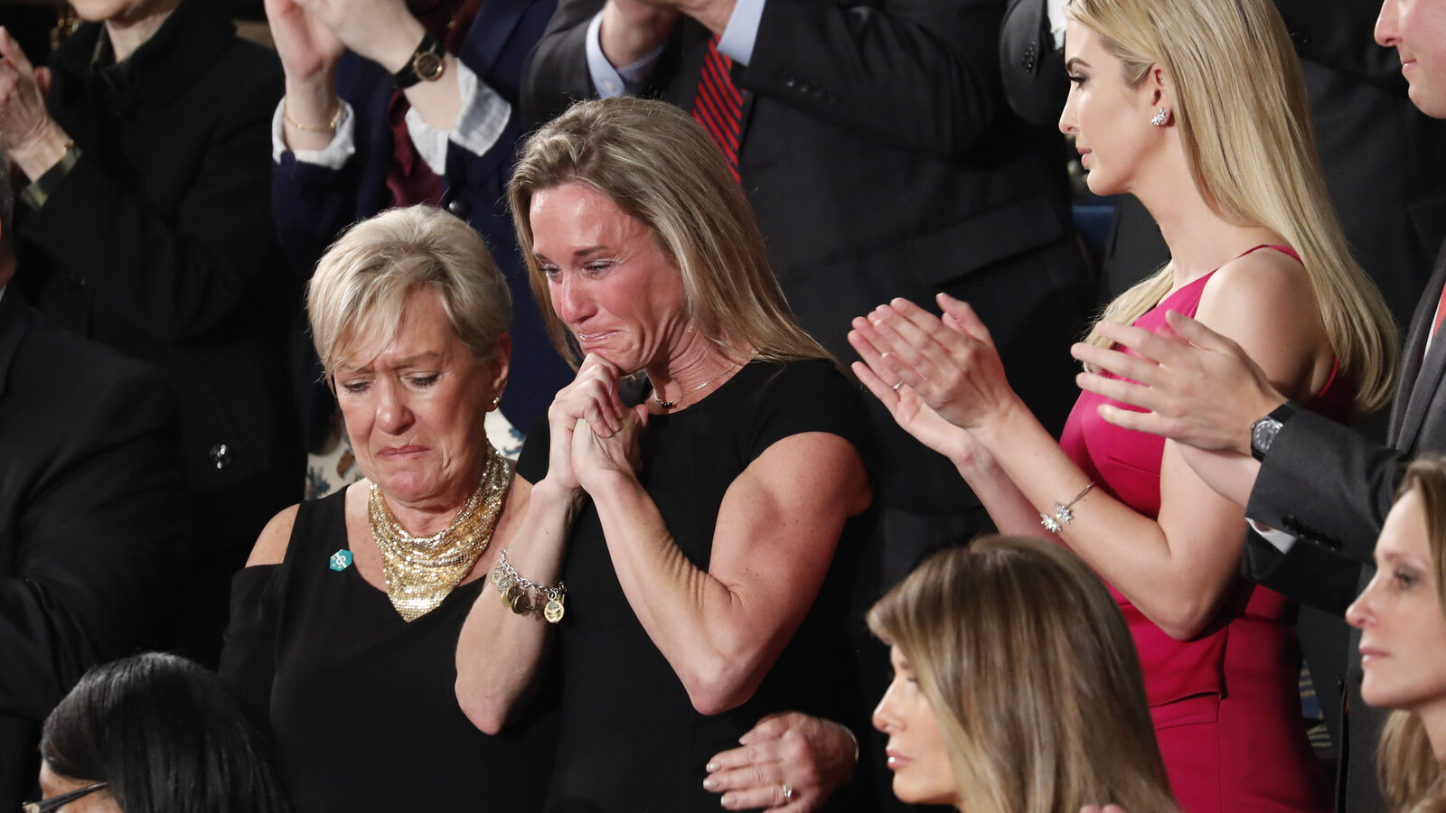 An emotional Carryn Owens, widow of widow of Chief Special Warfare Operator William “Ryan” Owens, who was killed in the botched raid in Yemen, as she was acknowledged by President Donald Trump during his address to a joint session of Congress. (AP/Pablo Martinez Monsivais)