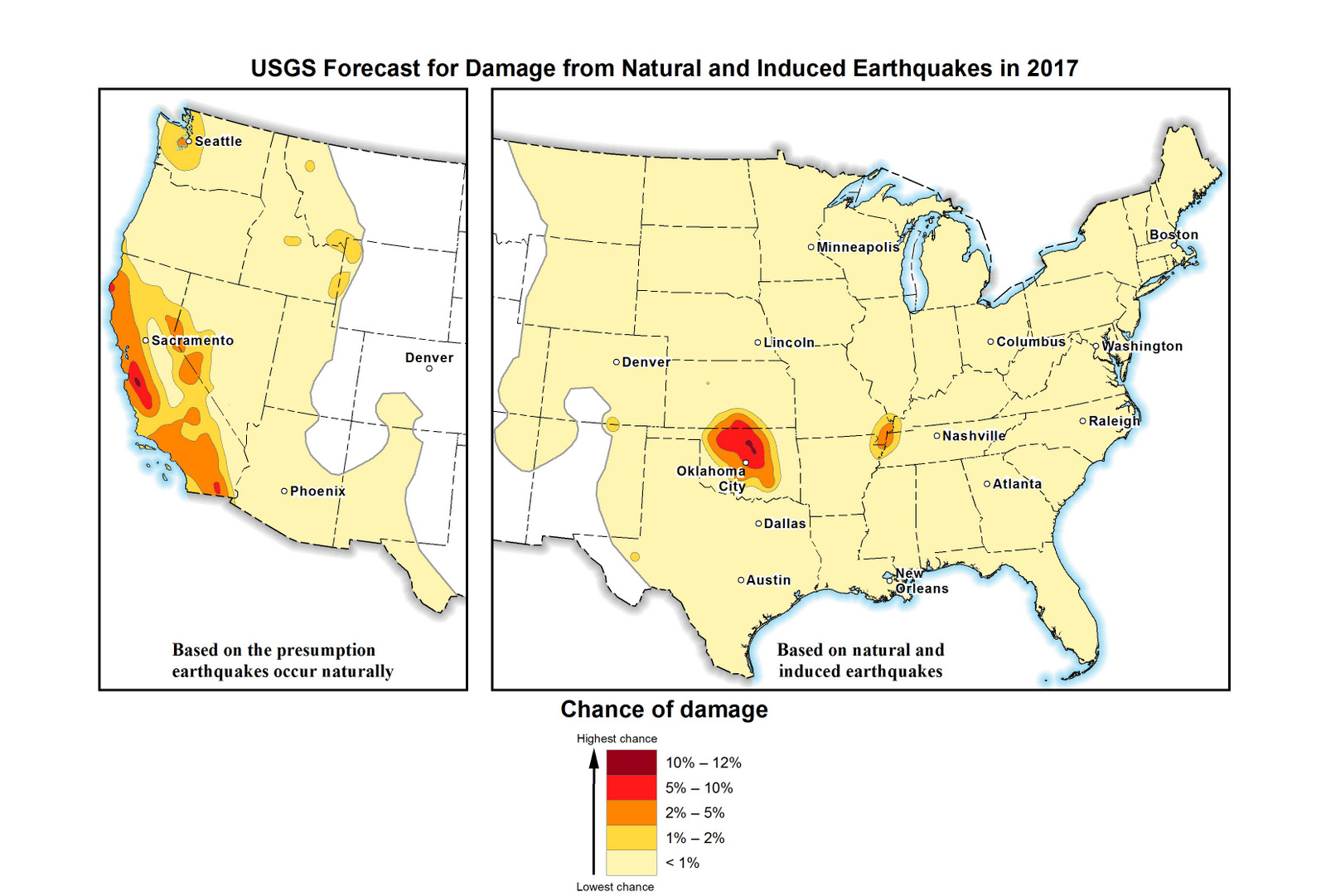 The U.S. Geological Survey 2107 earthquake forecast map. Federal scientists forecast that Oklahoma will continue to have the nation's biggest man-made earthquake problem but it probably won't be as shaky as recent years. (U.S. Geological Survey via AP)