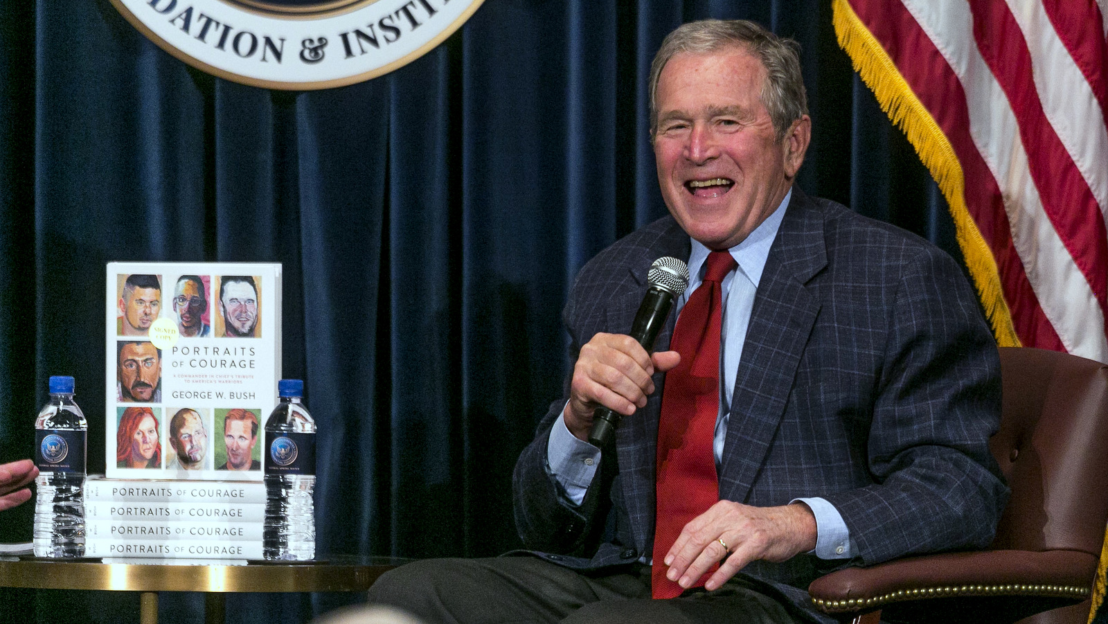Former U.S. President George W. Bush discusses his new book at the Ronald Reagan Presidential Library in Simi Valley, Calif., Wednesday, March 1, 2017. (AP/Damian Dovarganes)