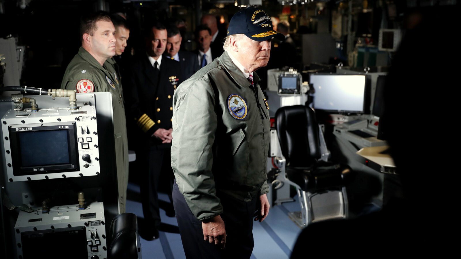 Donald Trump tours the nuclear aircraft carrier Gerald R. Ford, at Newport News Shipbuilding in Newport News, Va., Thursday, March 2, 2017. (AP/Pablo Martinez Monsivais)