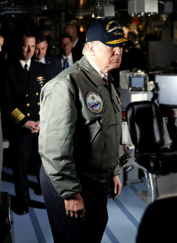 Donald Trump tours the nuclear aircraft carrier Gerald R. Ford, at Newport News Shipbuilding in Newport News, Va., Thursday, March 2, 2017. (AP/Pablo Martinez Monsivais)