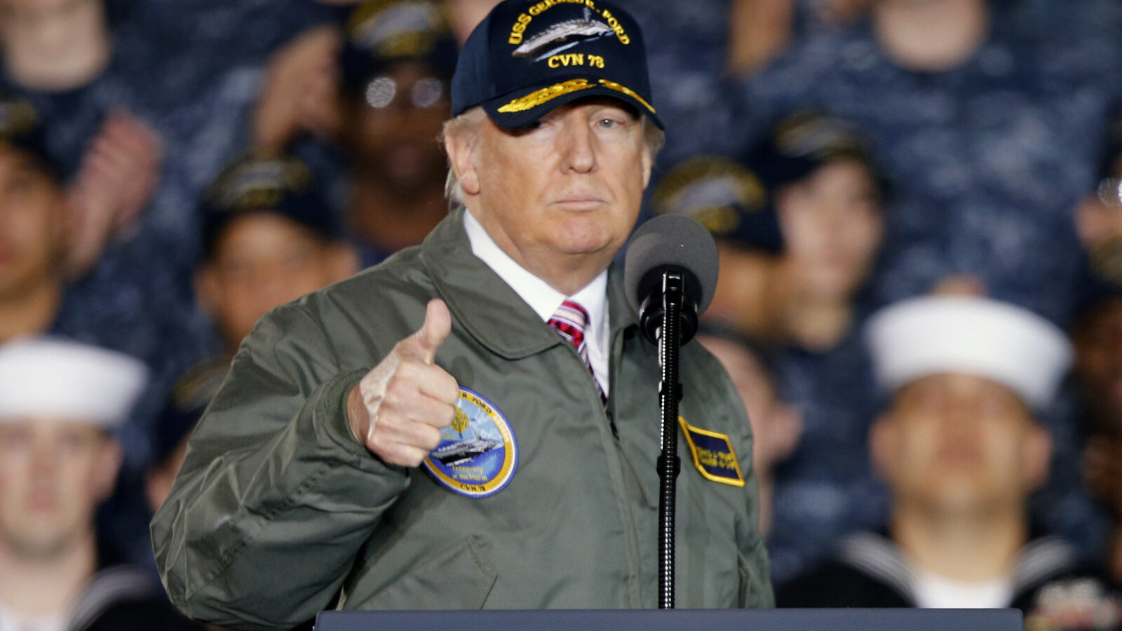 President Donald Trump gives a thumbs up after speaking to Navy and shipyard personnel aboard nuclear aircraft carrier Gerald R. Ford at Newport News Shipbuilding in Newport News, Va., Thursday, March 2, 2017. (AP/Steve Helber)