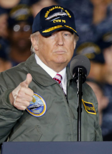 President Donald Trump gives a thumbs up after speaking to Navy and shipyard personnel aboard nuclear aircraft carrier Gerald R. Ford at Newport News Shipbuilding in Newport News, Va., Thursday, March 2, 2017. (AP/Steve Helber)