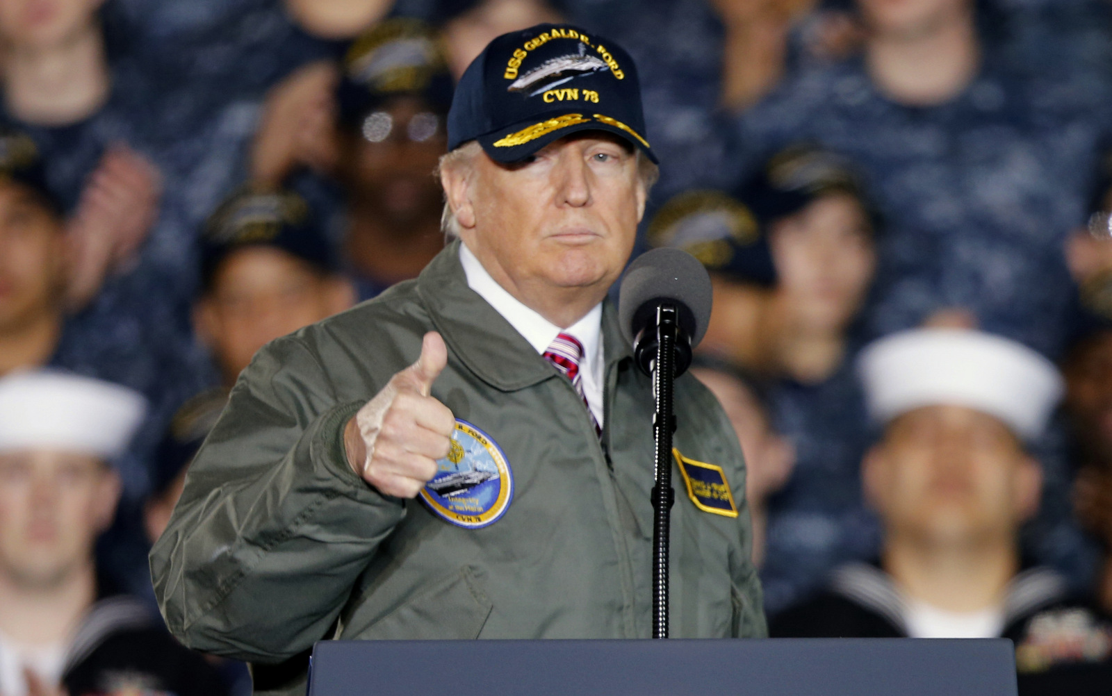 President Donald Trump gives a thumbs up after speaking to Navy and shipyard personnel aboard nuclear aircraft carrier Gerald R. Ford at Newport News Shipbuilding in Newport News, Va., Thursday, March 2, 2017. (AP/Steve Helber)