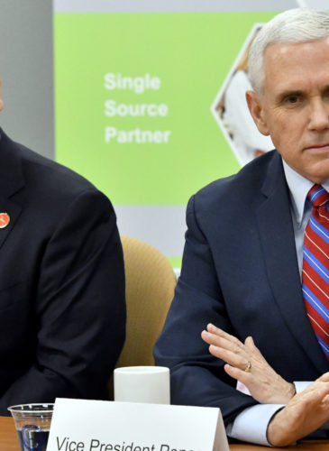 Vice President Mike Pence, right, and Kentucky Gov. Matt Bevin address a group of business owners to gather support for the repeal and replacement of the Affordable Care Ac, March. 11, 2017, in Louisville, Ky. (AP/Timothy D. Easley)