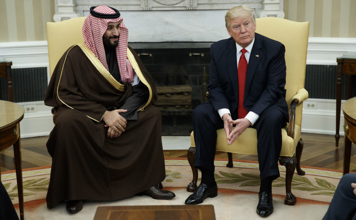President Donald Trump meets with Saudi Defense Minister and Deputy Crown Prince Mohammed bin Salman bin Abdulaziz Al Saud in the Oval Office of the White House in Washington, Tuesday, March 14, 2017. (AP/Evan Vucci)