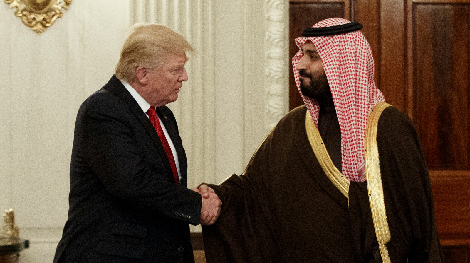 President Donald Trump shakes hands with Saudi Defense Minister and Deputy Crown Prince Mohammed bin Salman, Tuesday, March 14, 2017, in the State Dining Room of the White House in Washington. (AP/Evan Vucci)