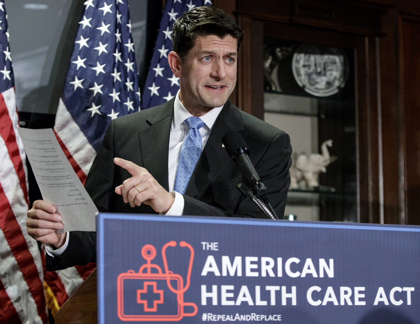 In this March 8, 2017, file photo, House Speaker Paul Ryan of Wis. speaks during a news conference at the Republican National Committee Headquarters on Capitol Hill in Washington. Republicans intent on scrapping Barack Obama's Affordable Care Act have a budget problem. As it turns out, repealing and replacing the law they hate so much won’t save nearly as much money as getting rid of it entirely, the goal they’ve been campaigning on for seven years. That means trouble for the federal deficit and for Congress’ fiscal conservatives who repeatedly warn about leaving their children and grandchildren worse off financially. (AP/J. Scott Applewhite)