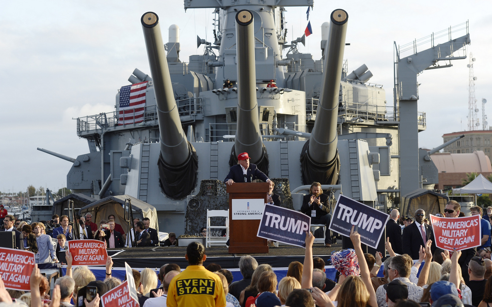 Donald Trump speaks during a campaign event aboard the USS Iowa battleship in Los Angeles Tuesday, Sept. 15, 2015. (AP/Kevork Djansezian)