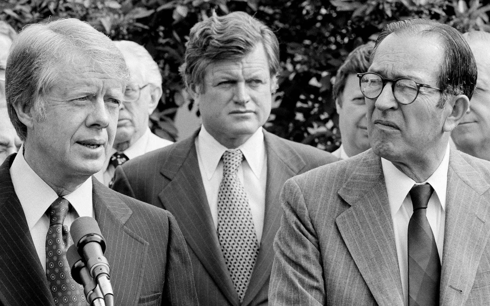 President Jimmy Carter announces the Foreign Intelligence Surveillance Act of 1977 in the White House Rose Garden, May 17, 1977. The act was sold as keeping the government from illegally spying on citizens. Standing behind Carter is Sen. Edward M. Kennedy (D-Mass.), one of the sponsors of the bill, with Attorney General Griffin Bell at right. (AP/Bob Daugherty)President Jimmy Carter announces the Foreign Intelligence Surveillance Act of 1977 in the White House Rose Garden, May 17, 1977. The act was sold as keeping the government from illegally spying on citizens. Standing behind Carter is Sen. Edward M. Kennedy (D-Mass.), one of the sponsors of the bill, with Attorney General Griffin Bell at right. (AP/Bob Daugherty)