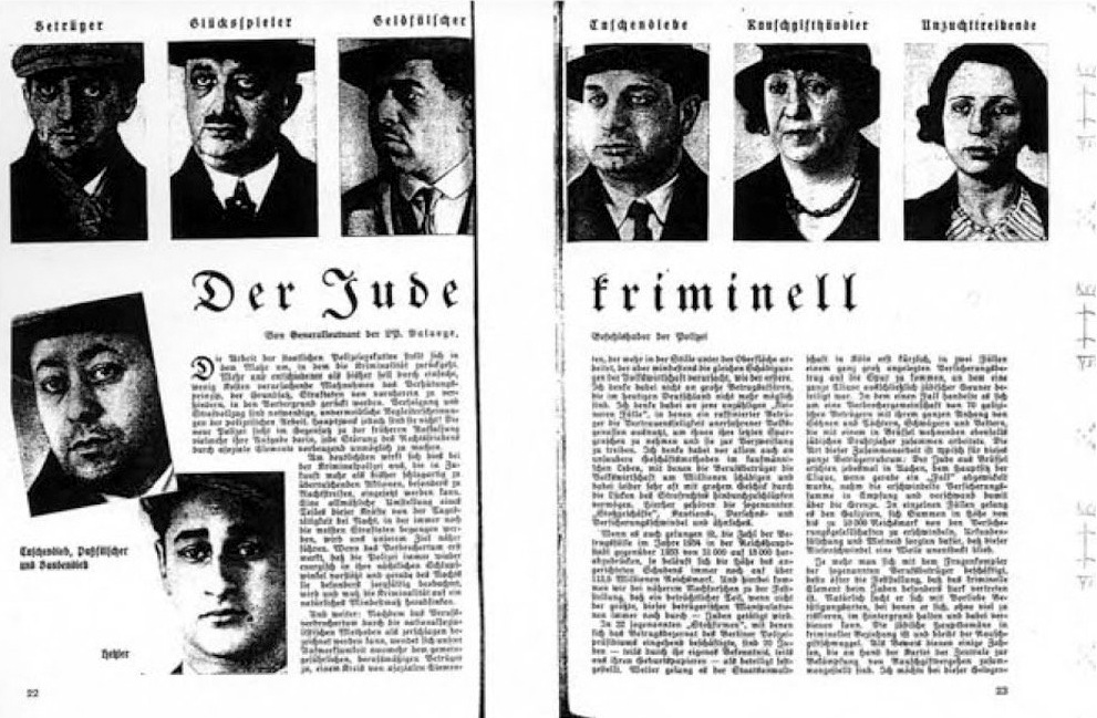 A 1935 article from the Nazi periodical Neues Volk entitled, “The Criminal Jew.” This article shows photos of Jews alongside their alleged crimes.