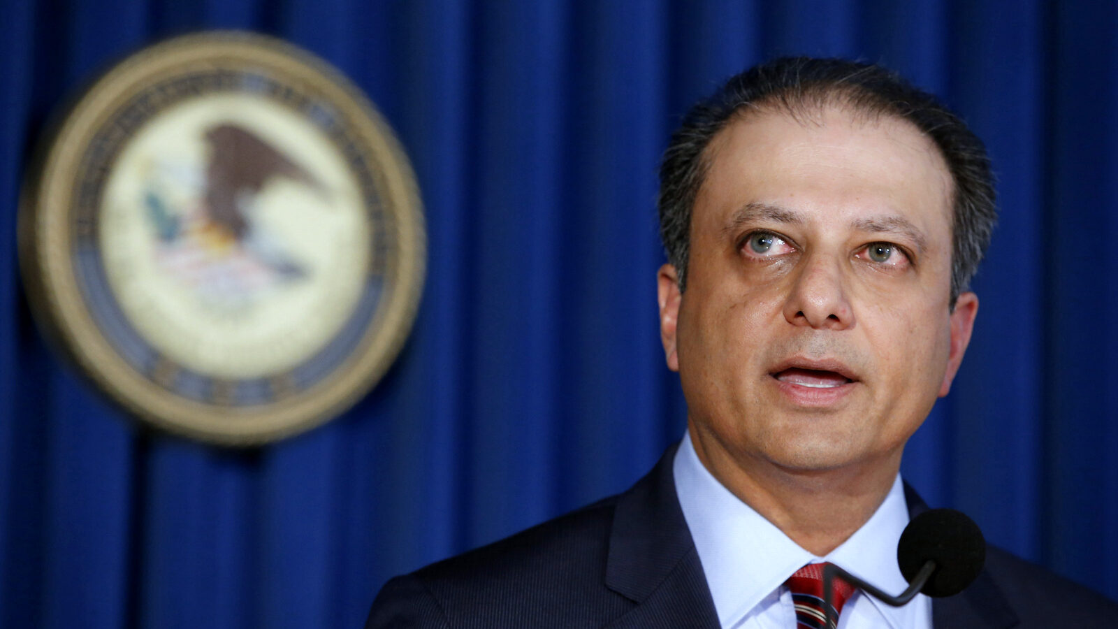U.S. Attorney Preet Bharara speaks during a news conference in New York. On Wednesday, March 8, 2017, two days before Attorney General Jeff Sessions gave dozens of the country's top federal prosecutors just hours to resign and clean out their desks. Bharara said on Saturday, March 11, 2017, that he was fired after refusing to resign. (AP/Kathy Willens)
