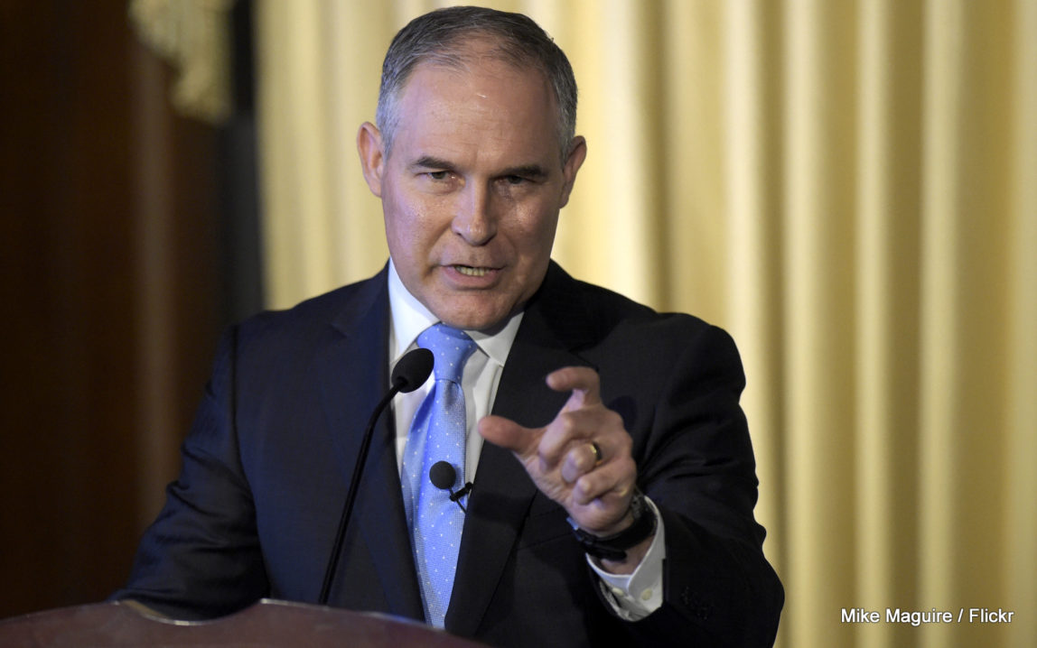 Environmental Protection Agency (EPA) Administrator Scott Pruitt speaks to employees of the EPA in Washington. Pruitt said Thursday, March 9, 2017, he does not believe that carbon dioxide is a primary contributor to global warming. (AP/Susan Walsh)