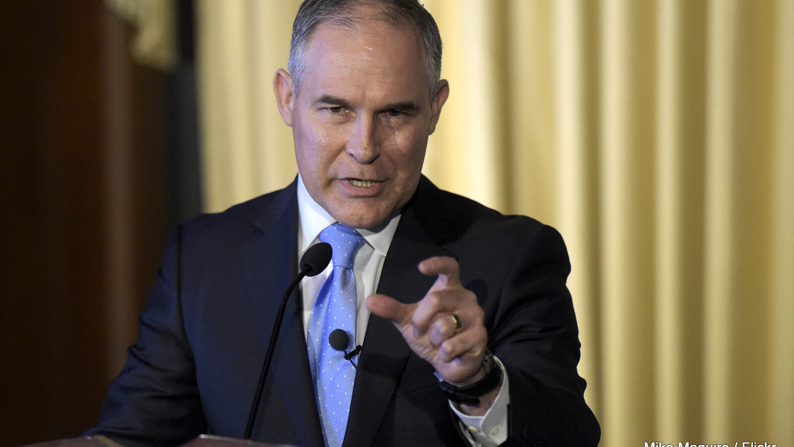Environmental Protection Agency (EPA) Administrator Scott Pruitt speaks to employees of the EPA in Washington. Pruitt said Thursday, March 9, 2017, he does not believe that carbon dioxide is a primary contributor to global warming. (AP/Susan Walsh)
