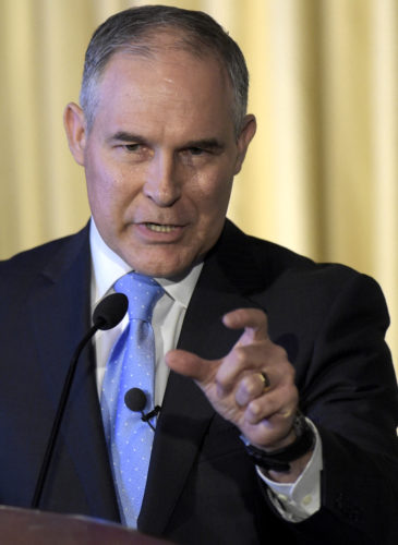 Environmental Protection Agency (EPA) Administrator Scott Pruitt speaks to employees of the EPA in Washington. Pruitt said Thursday, March 9, 2017, he does not believe that carbon dioxide is a primary contributor to global warming. (AP/Susan Walsh)