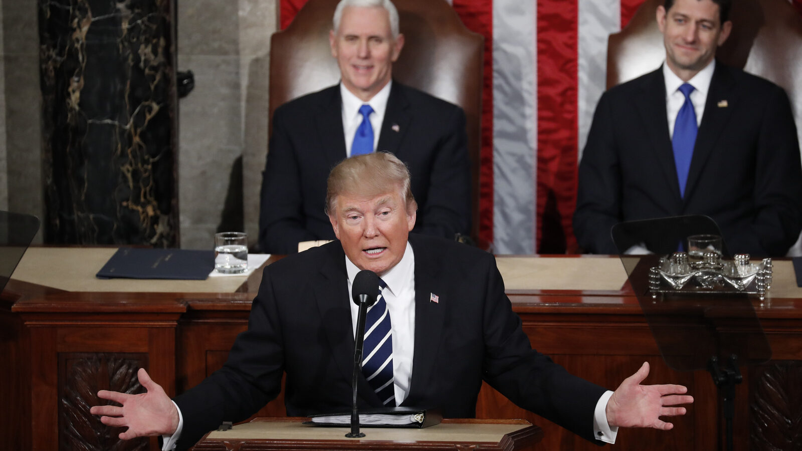 President Donald Trump addresses a joint session of Congress on Capitol Hill in Washington, Tuesday, Feb. 28, 2017, as Vice President Mike Pence and House Speaker Paul Ryan of Wis. listen. (AP Photo/Pablo Martinez Monsivais)