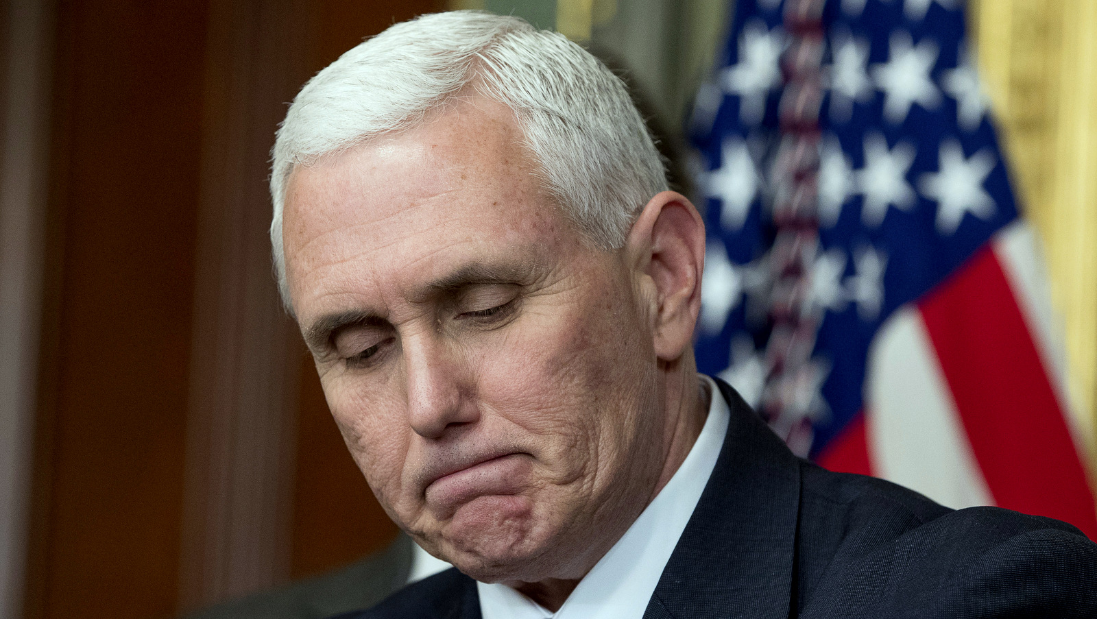 Mike Pence pauses while administering the oath of office to Energy Secretary Rick Perry, March 2, 2017. (AP/Andrew Harnik)